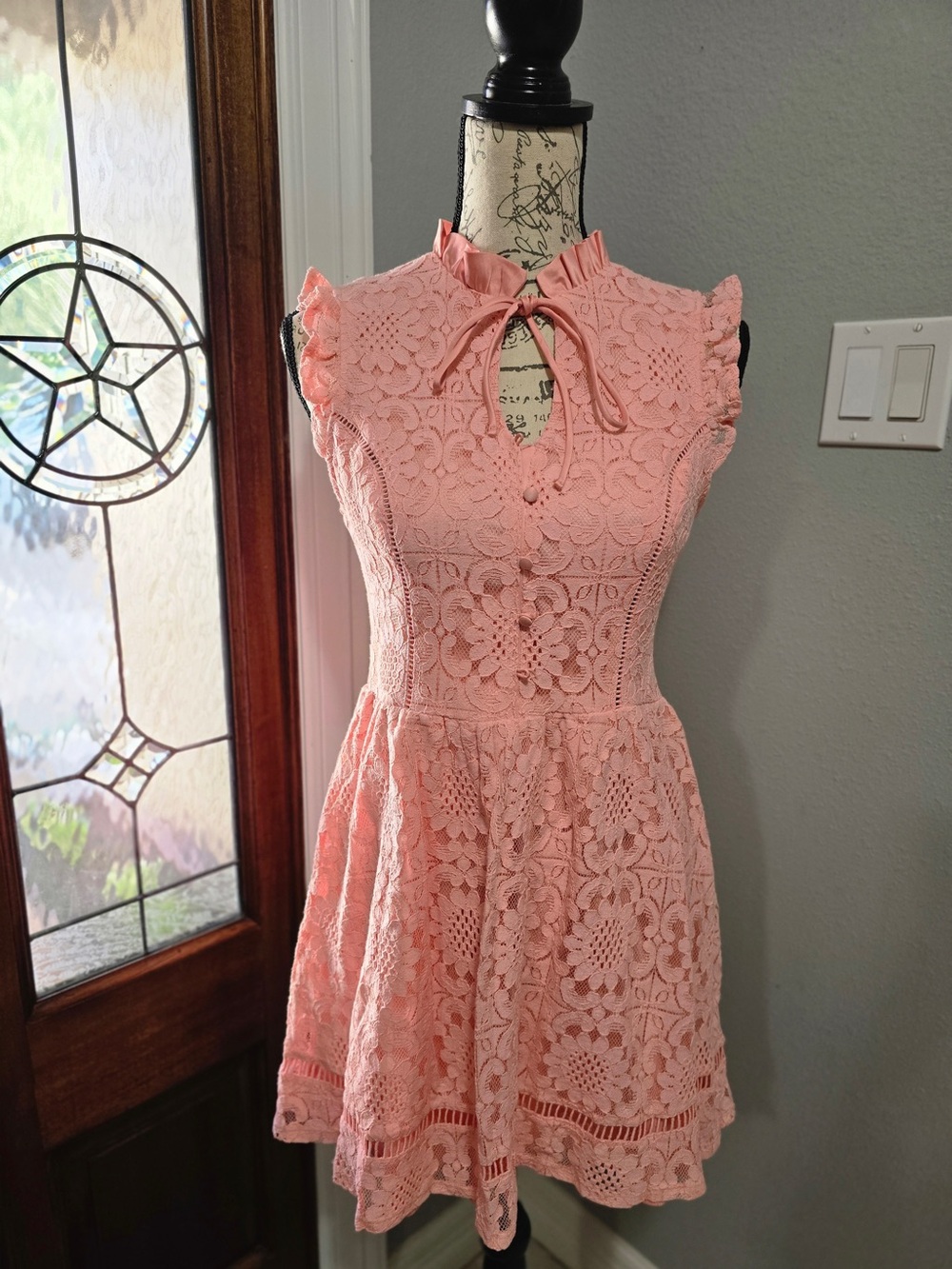 Disney Pink Floral Lace Mock Neck Mini Dress Fit & Flare Coquette Romantic M